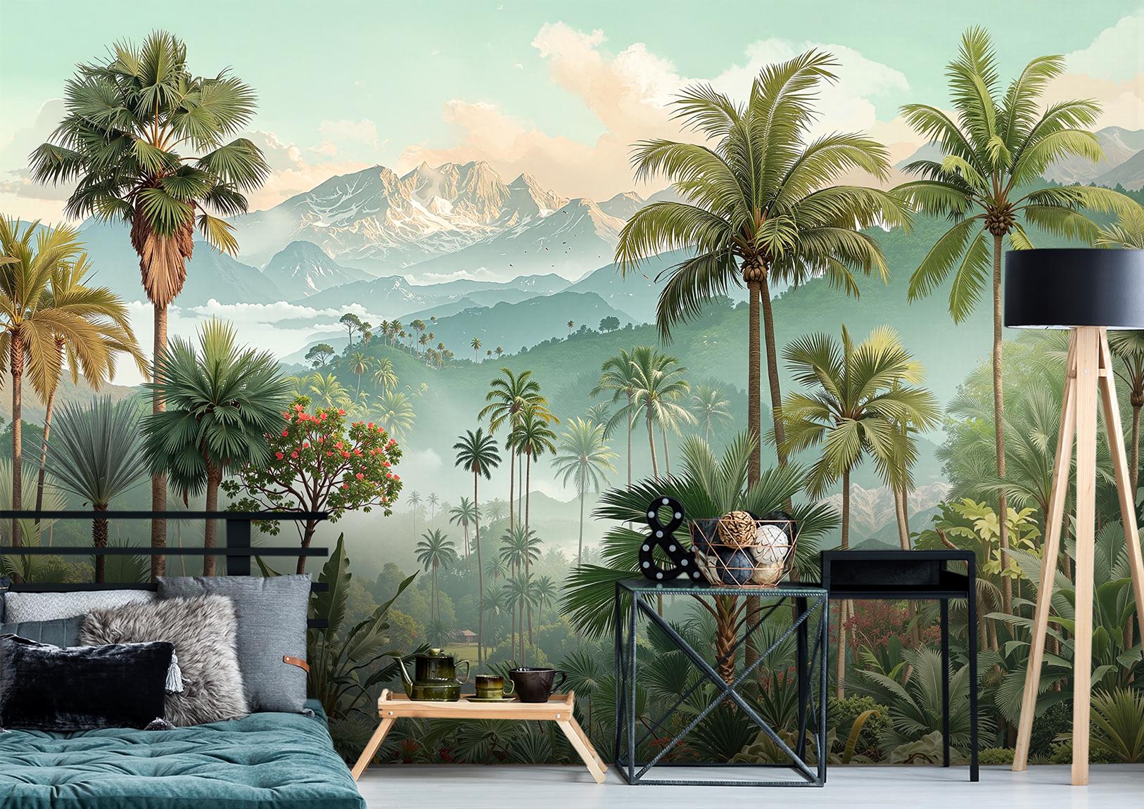 Botanical Tropical Exotic Palm Floral Wallpaper – peel and stick wallpaper mural, Golden Era Walls