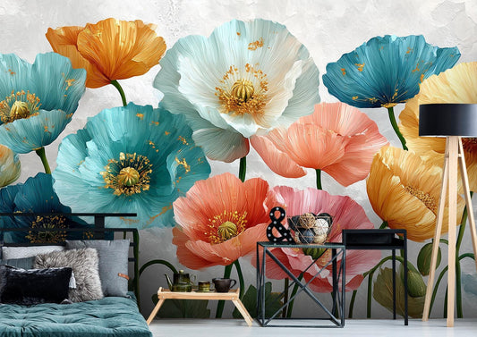 Bright Floral Dreamy Poppies Floral Wallpaper – room setting, Golden Era Walls