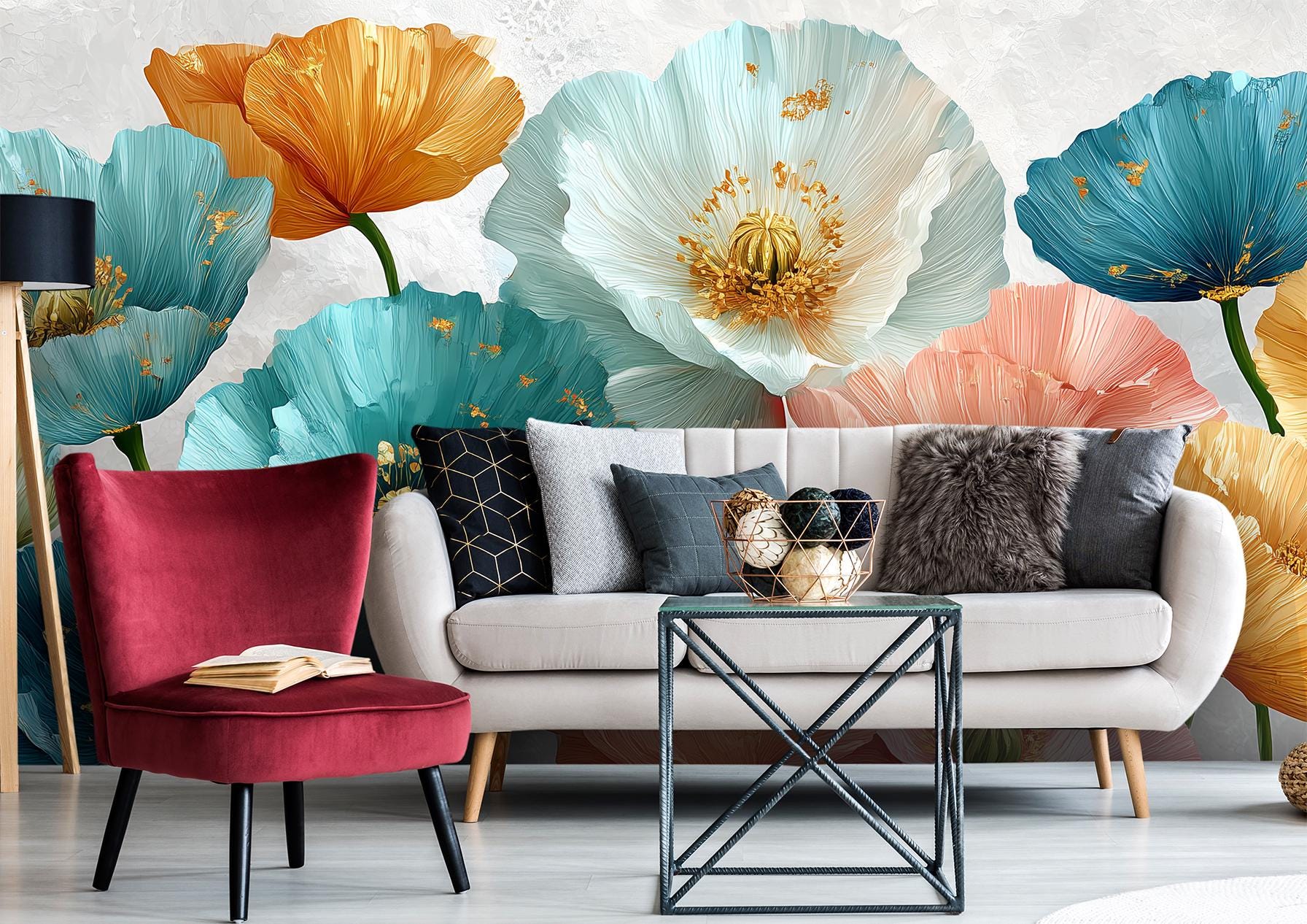 Bright Floral Dreamy Poppies Floral Wallpaper – lifestyle view, Golden Era Walls