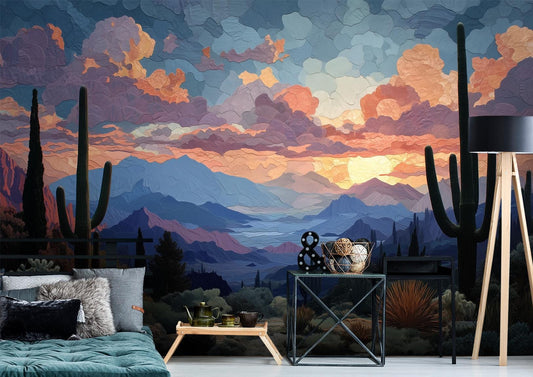 Cactus Sunset Expansive Desert Wallpaper – lifestyle view, Golden Era Walls
