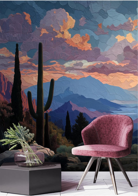 Cactus Sunset Expansive Desert Wallpaper – detail view, Golden Era Walls