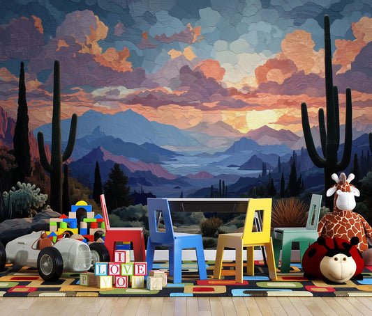Cactus Sunset Expansive Desert Wallpaper – room setting, Golden Era Walls