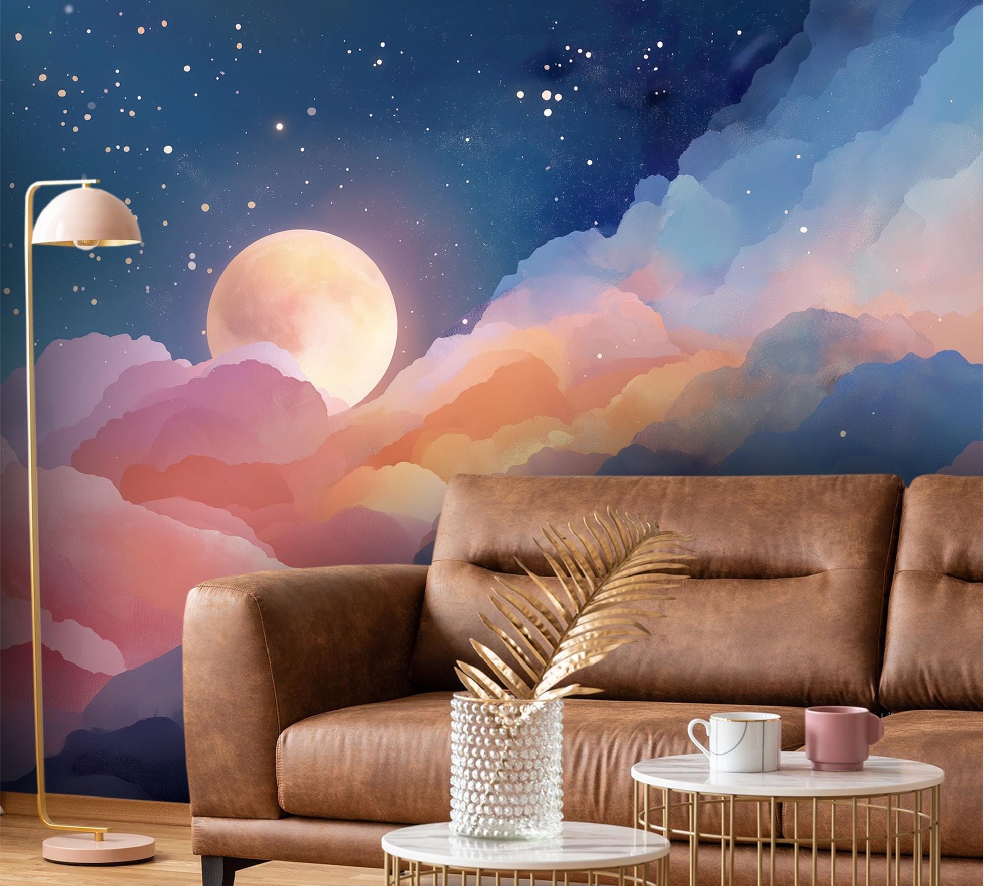 Celestial Clouds Full Moon Geometric Wallpaper – scale reference, Golden Era Walls