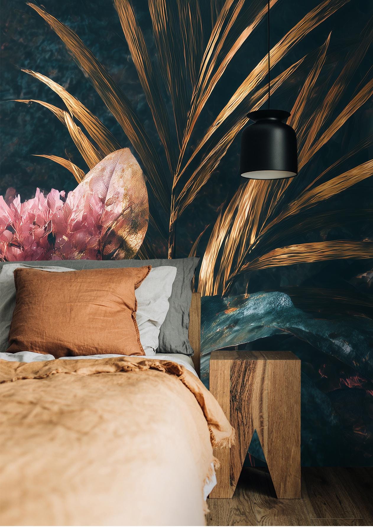 Chiaroscuro Botanical Dramatic Golden Floral Wallpaper – room setting, Golden Era Walls