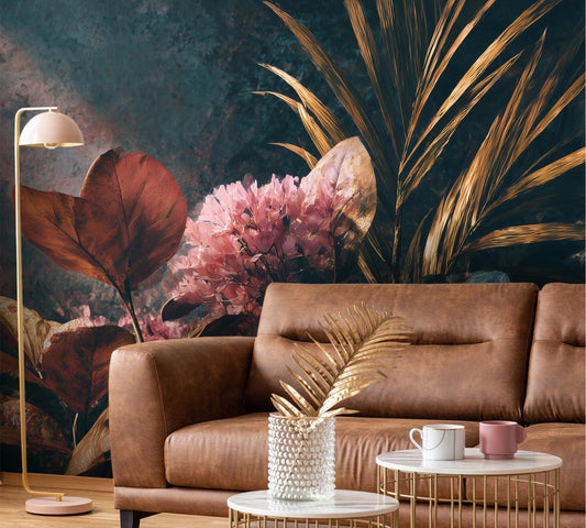 Chiaroscuro Botanical Dramatic Golden Floral Wallpaper wallpaper mural, detail view, Golden Era Walls