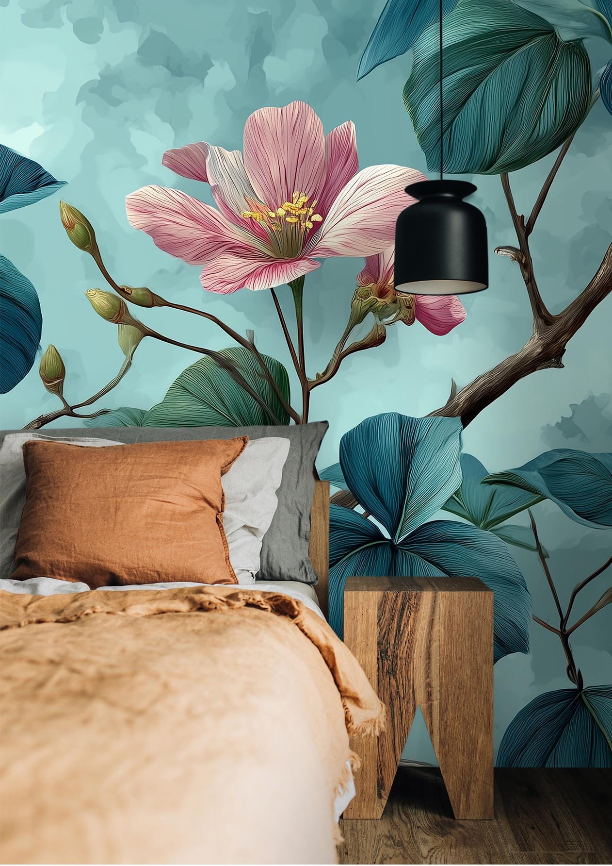 Chinoiserie Botanical Teal Leaves Floral Wallpaper – scale reference, Golden Era Walls
