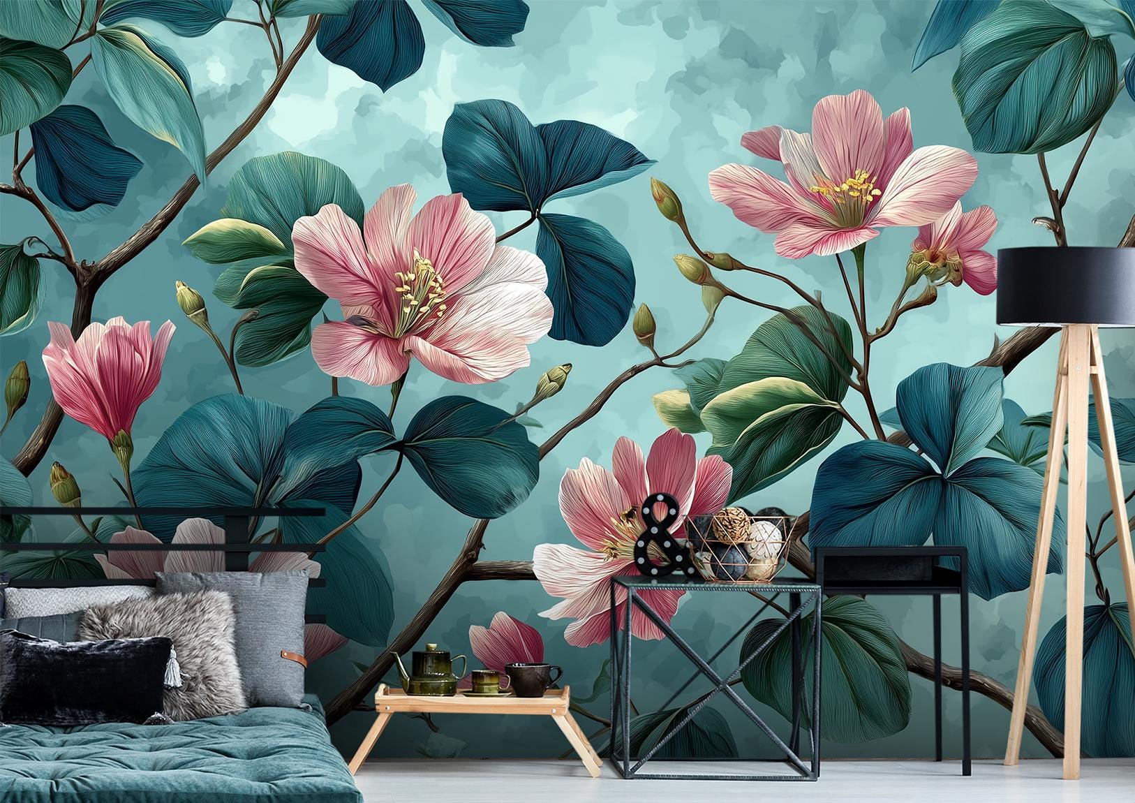 Chinoiserie Botanical Teal Leaves Floral Wallpaper – room setting, Golden Era Walls