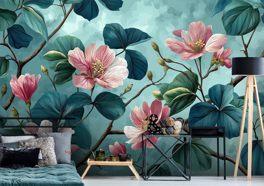 Chinoiserie Botanical Teal Leaves Floral Wallpaper – room setting, Golden Era Walls