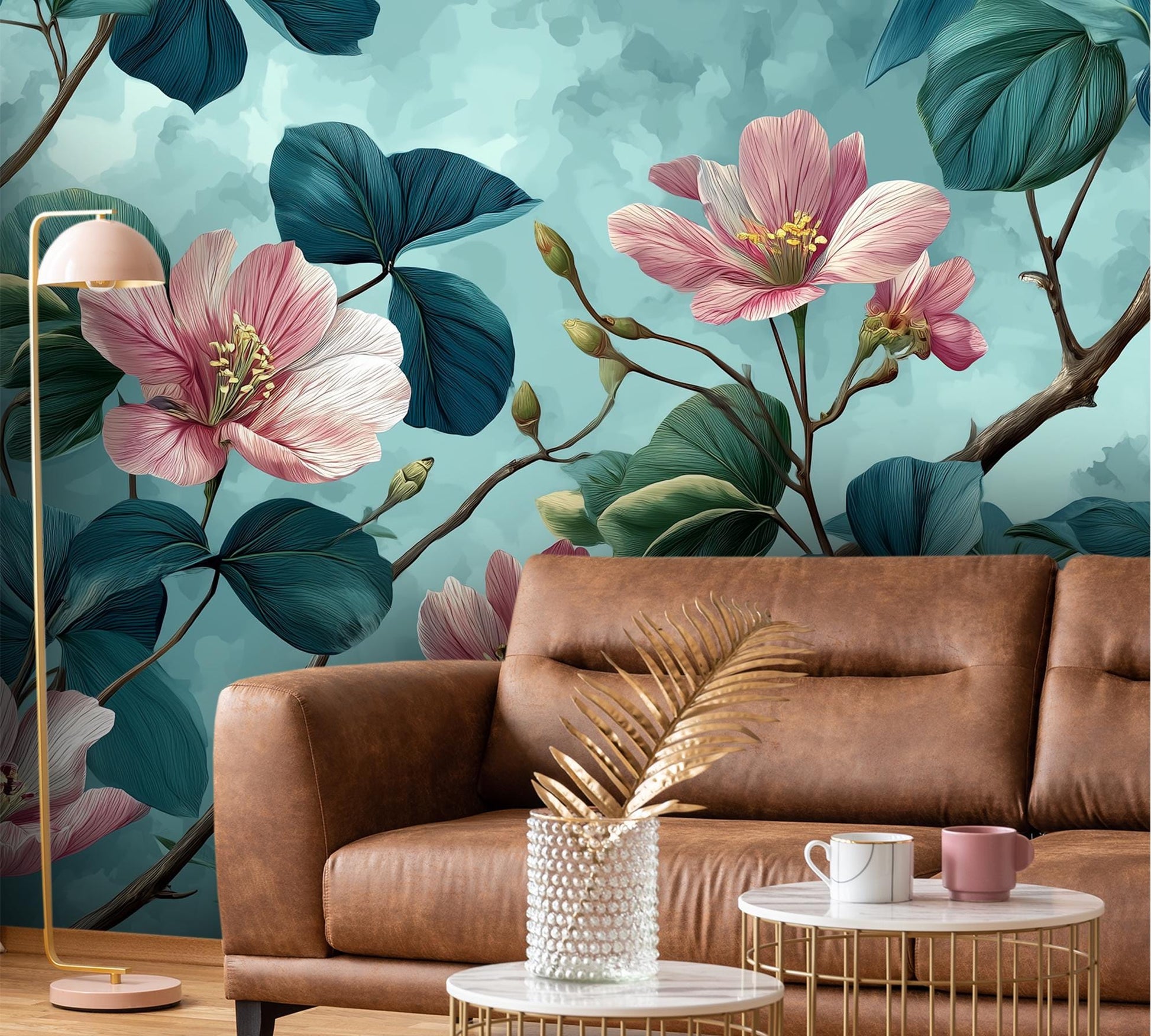 Chinoiserie Botanical Teal Leaves Floral Wallpaper – detail view, Golden Era Walls