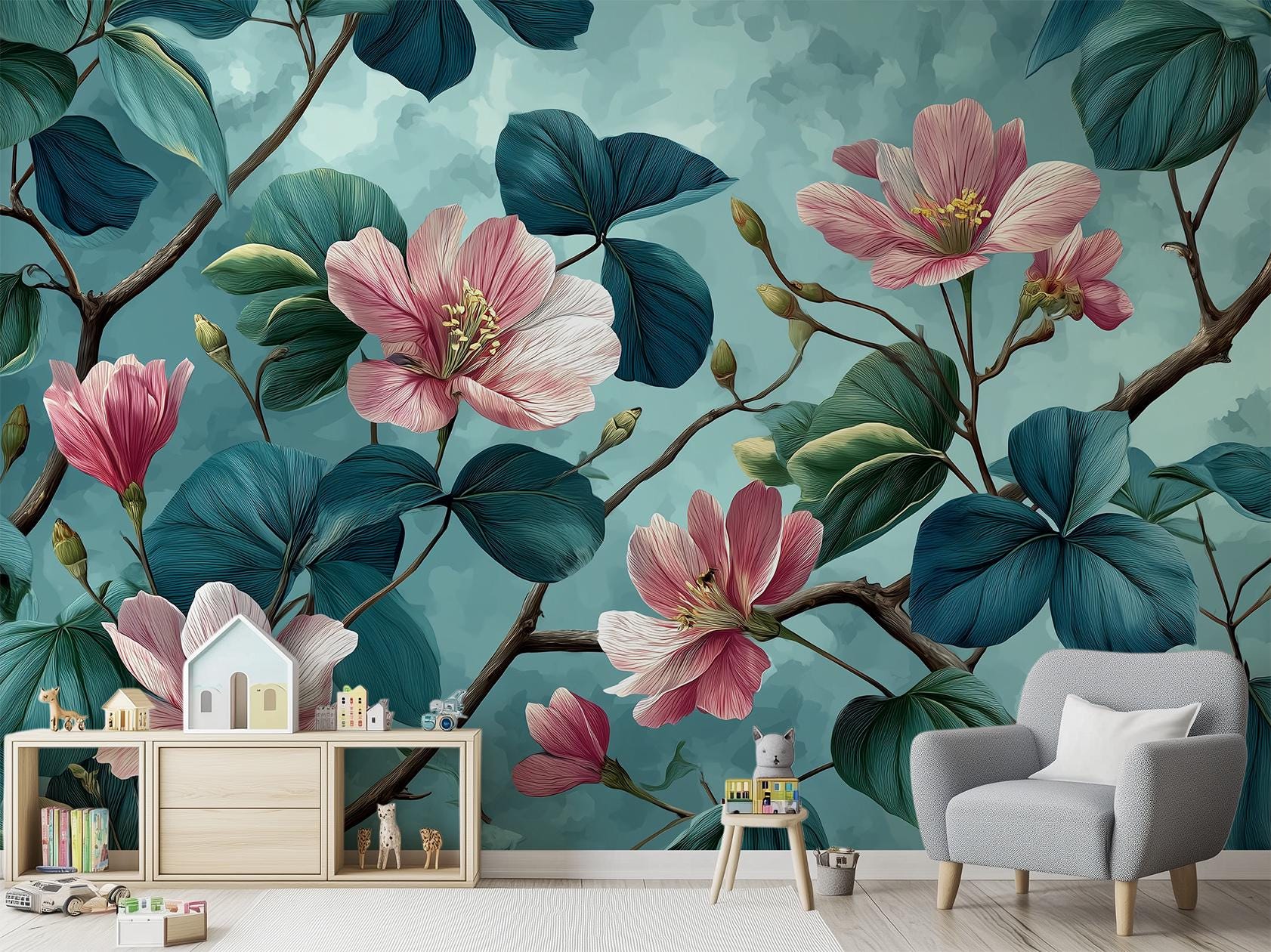 Chinoiserie Botanical Teal Leaves Floral Wallpaper – lifestyle view, Golden Era Walls