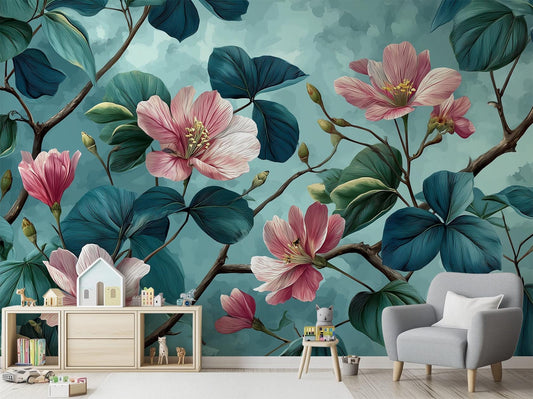 Chinoiserie Botanical Teal Leaves Floral Wallpaper – lifestyle view, Golden Era Walls