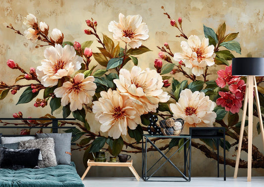 Classic Botanical Elegant Cherry Floral Wallpaper – peel and stick wallpaper mural, Golden Era Walls
