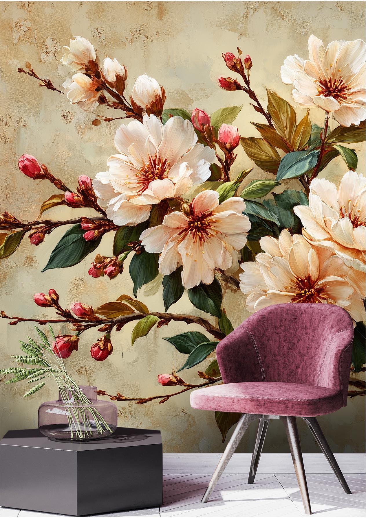 Classic Botanical Elegant Cherry Floral Wallpaper – room setting, Golden Era Walls