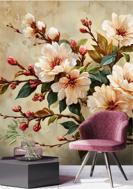 Classic Botanical Elegant Cherry Floral Wallpaper – room setting, Golden Era Walls