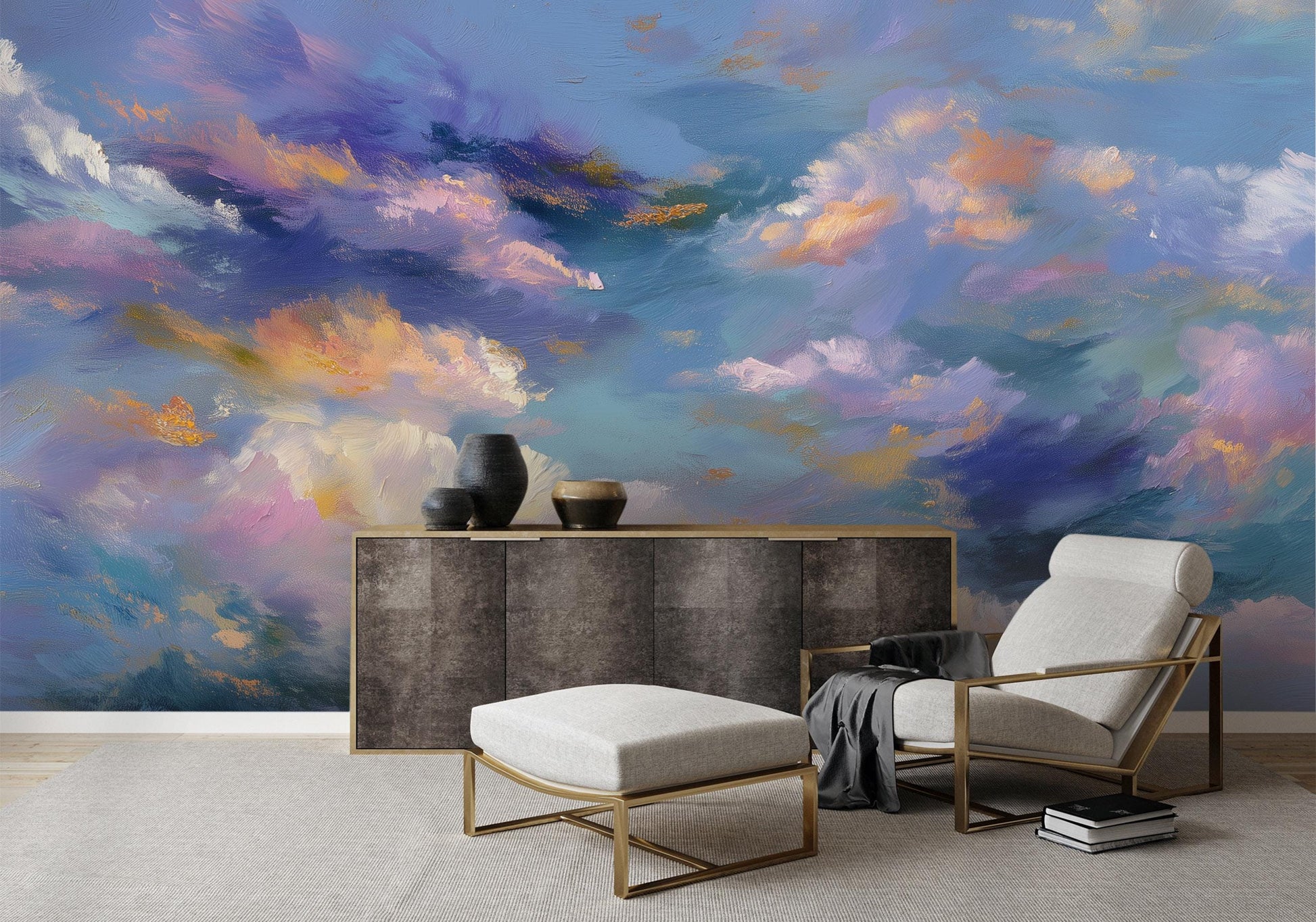 Cloud Soft Pastel Sky Geometric Wallpaper – peel and stick wallpaper mural, Golden Era Walls