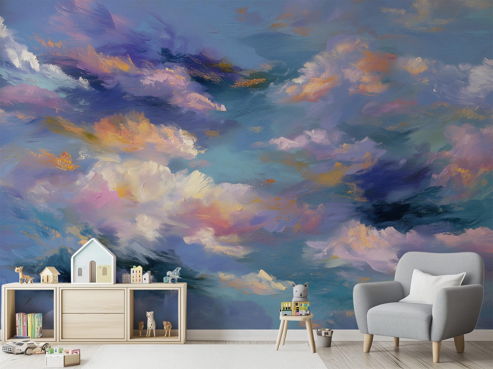 Cloud Soft Pastel Sky Geometric Wallpaper – scale reference, Golden Era Walls