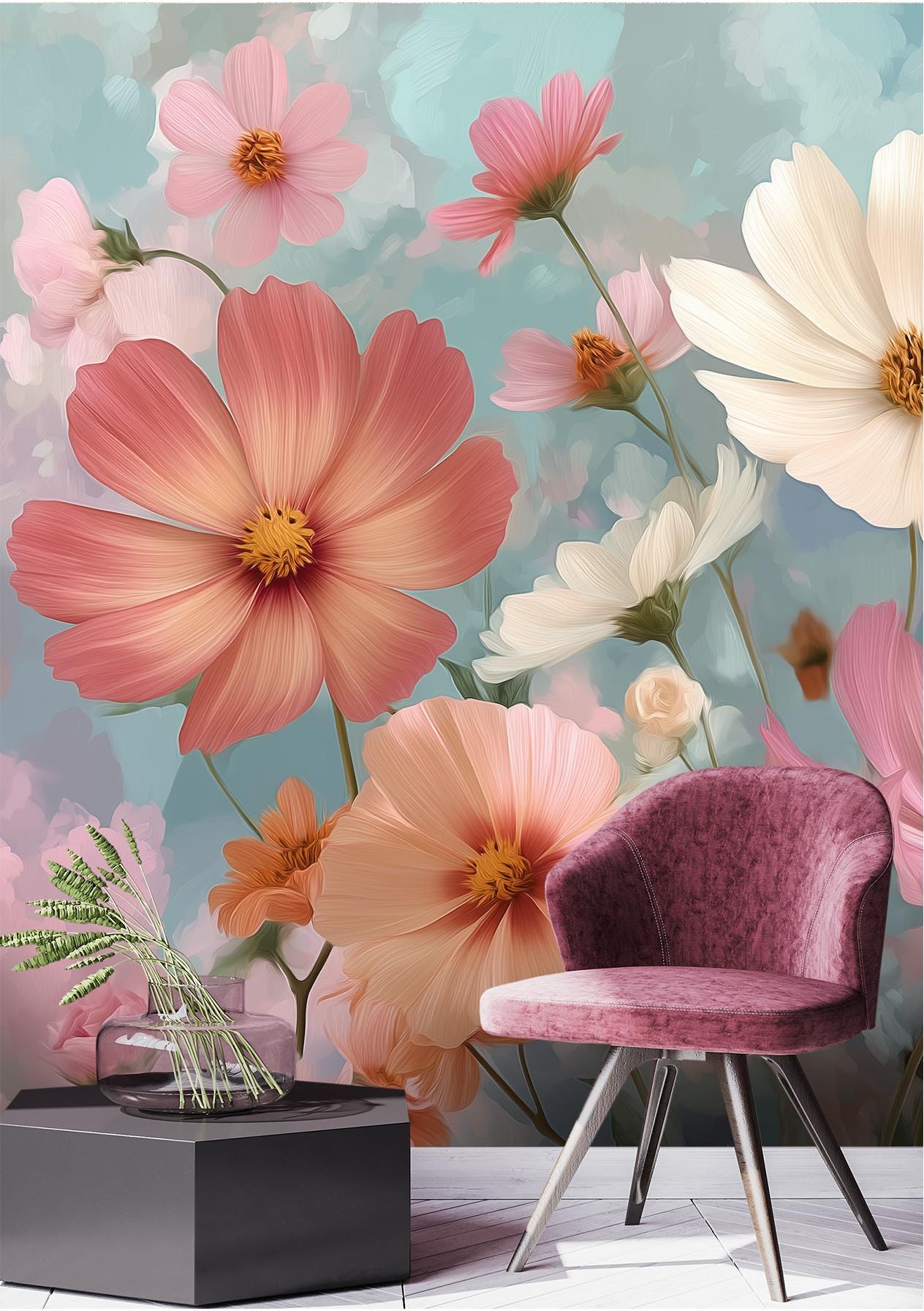 Cosmos Flower Renter Friendly Floral Wallpaper – detail view, Golden Era Walls