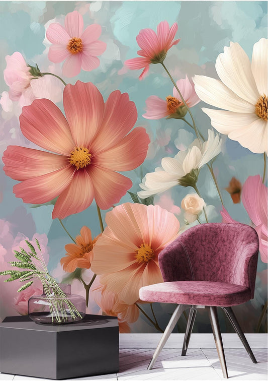 Cosmos Flower Renter Friendly Floral Wallpaper – detail view, Golden Era Walls