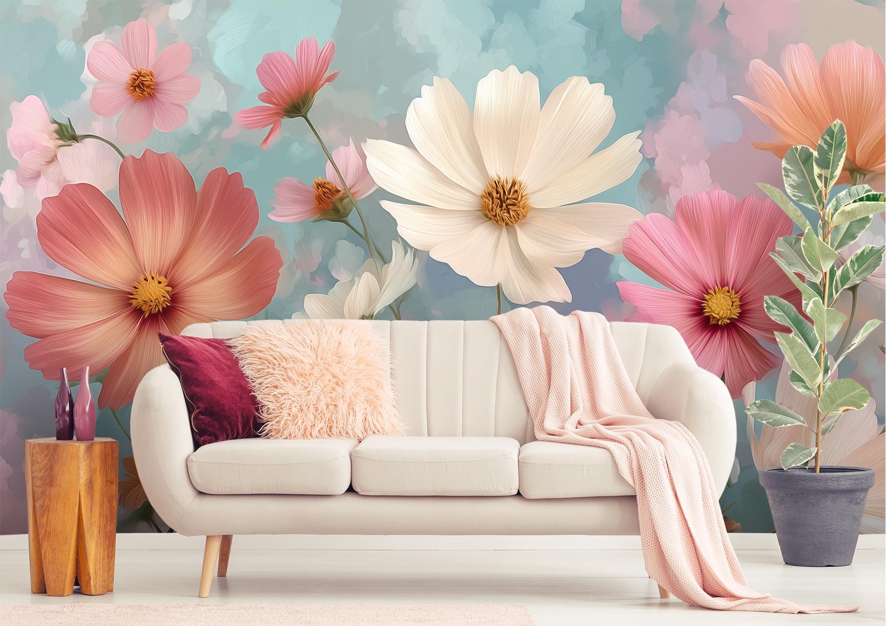 Cosmos Flower Renter Friendly Floral Wallpaper – peel and stick wallpaper mural, Golden Era Walls