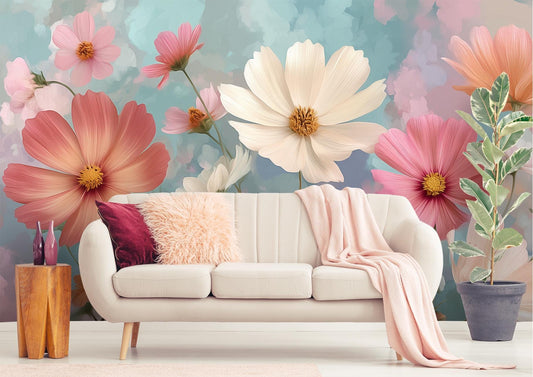 Cosmos Flower Renter Friendly Floral Wallpaper – peel and stick wallpaper mural, Golden Era Walls