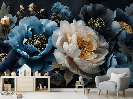 Dark Blue Floral Elegant Floral Wallpaper wallpaper mural, close-up, Golden Era Walls