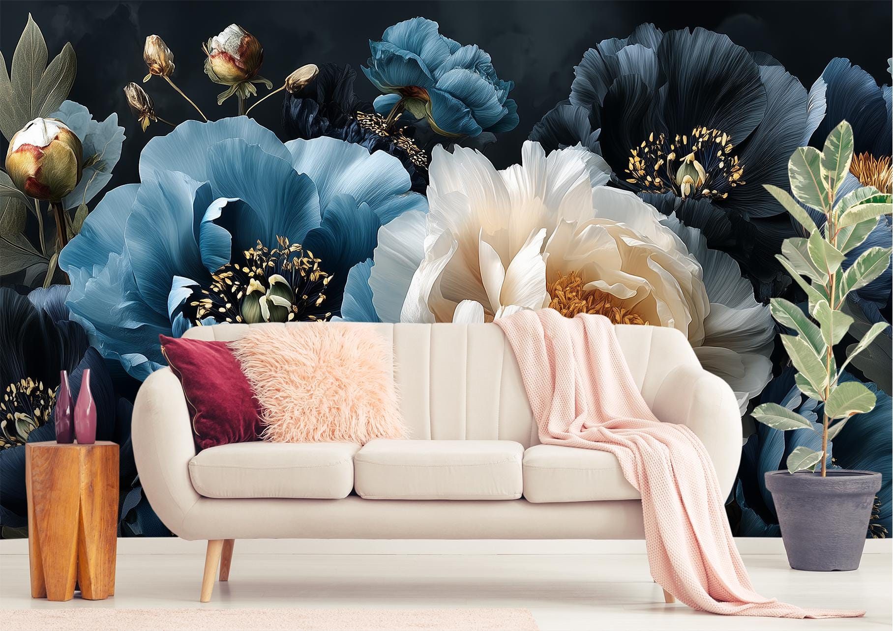 Dark Blue Floral Elegant Floral Wallpaper – scale reference, Golden Era Walls