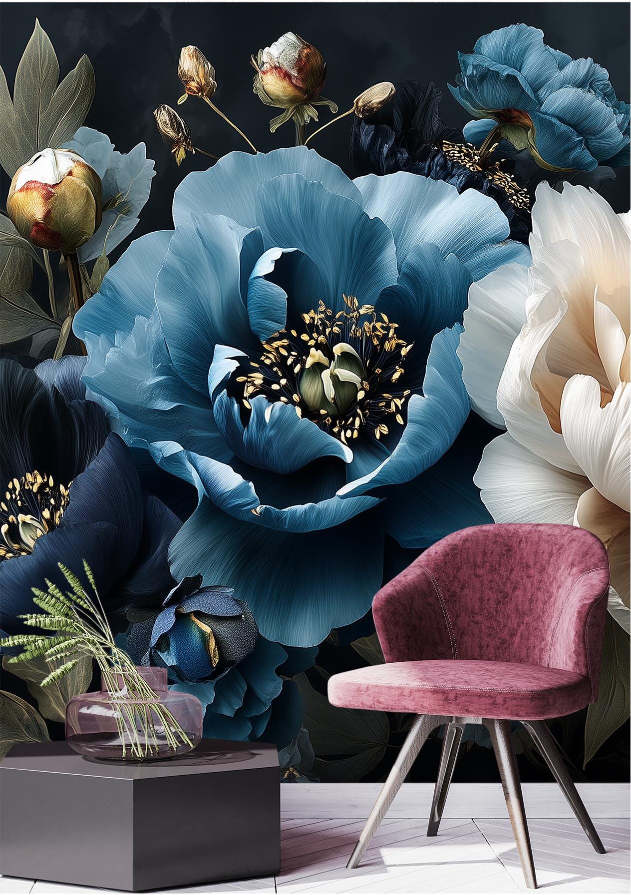 Dark Blue Floral Elegant Floral Wallpaper – room setting, Golden Era Walls
