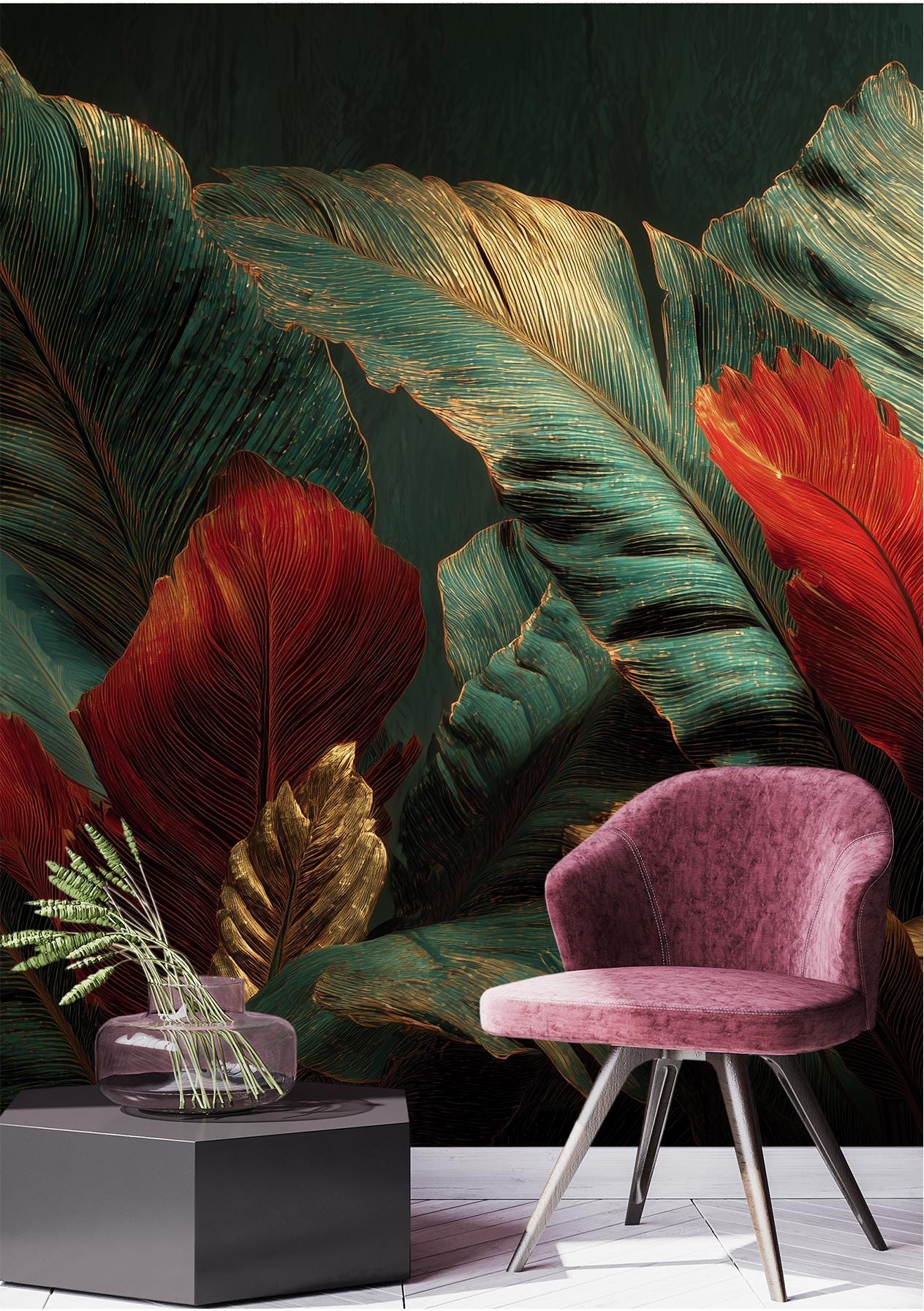 Dark Botanical Tropical Leaves Floral Wallpaper – peel and stick wallpaper mural, Golden Era Walls