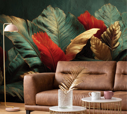 Dark Botanical Tropical Leaves Floral Wallpaper wallpaper mural, detail view, Golden Era Walls