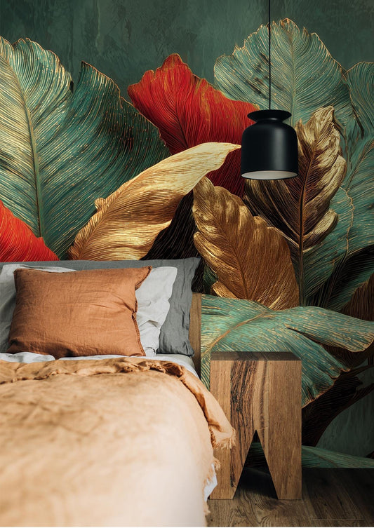 Dark Botanical Tropical Leaves Floral Wallpaper wallpaper mural, close-up, Golden Era Walls