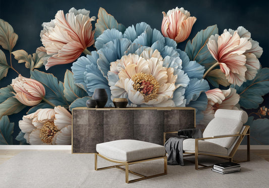 Dark Floral Peony Moody Floral Wallpaper – lifestyle view, Golden Era Walls