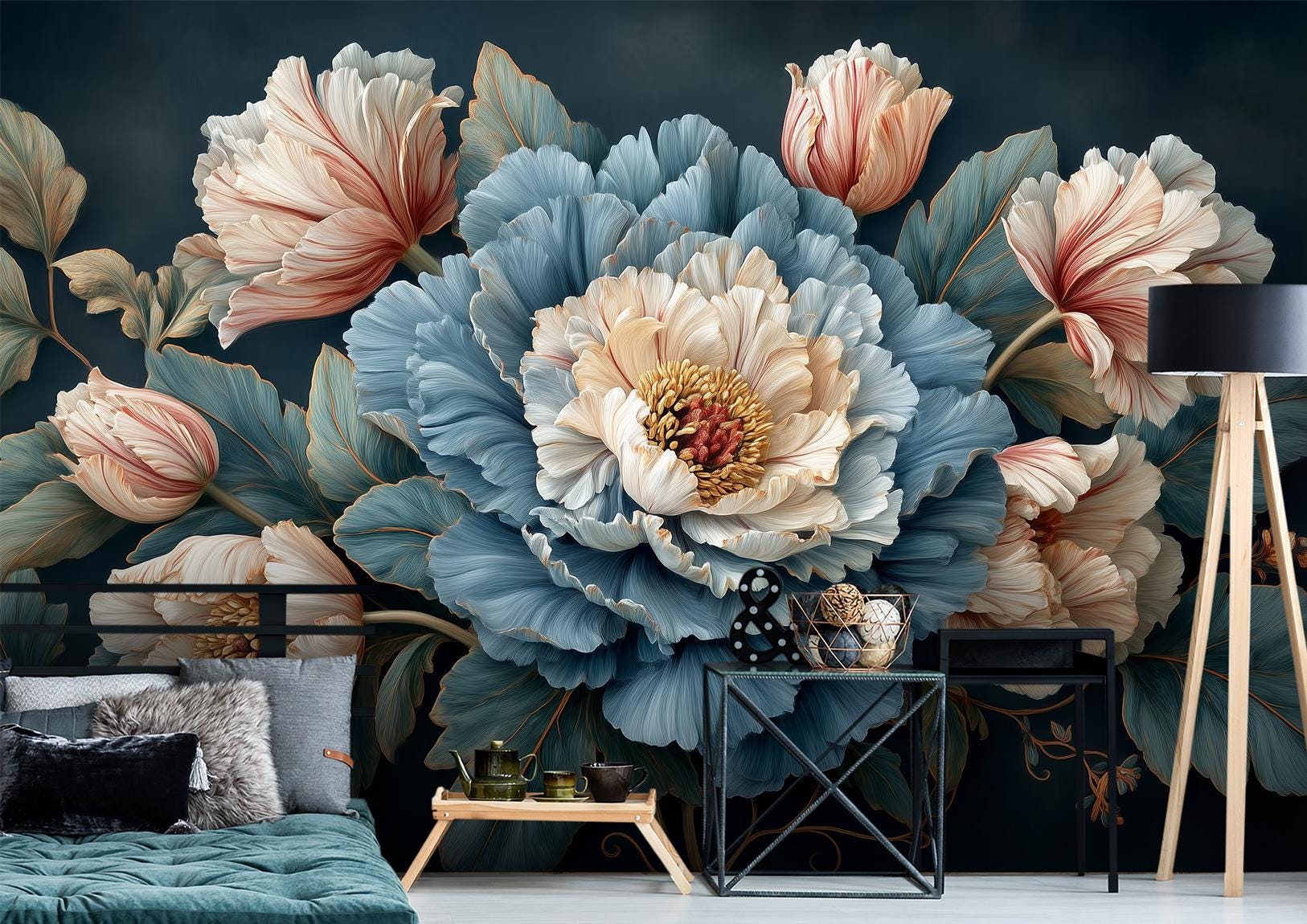 Dark Floral Peony Moody Floral Wallpaper – room setting, Golden Era Walls