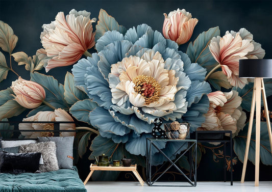 Dark Floral Peony Moody Floral Wallpaper – room setting, Golden Era Walls