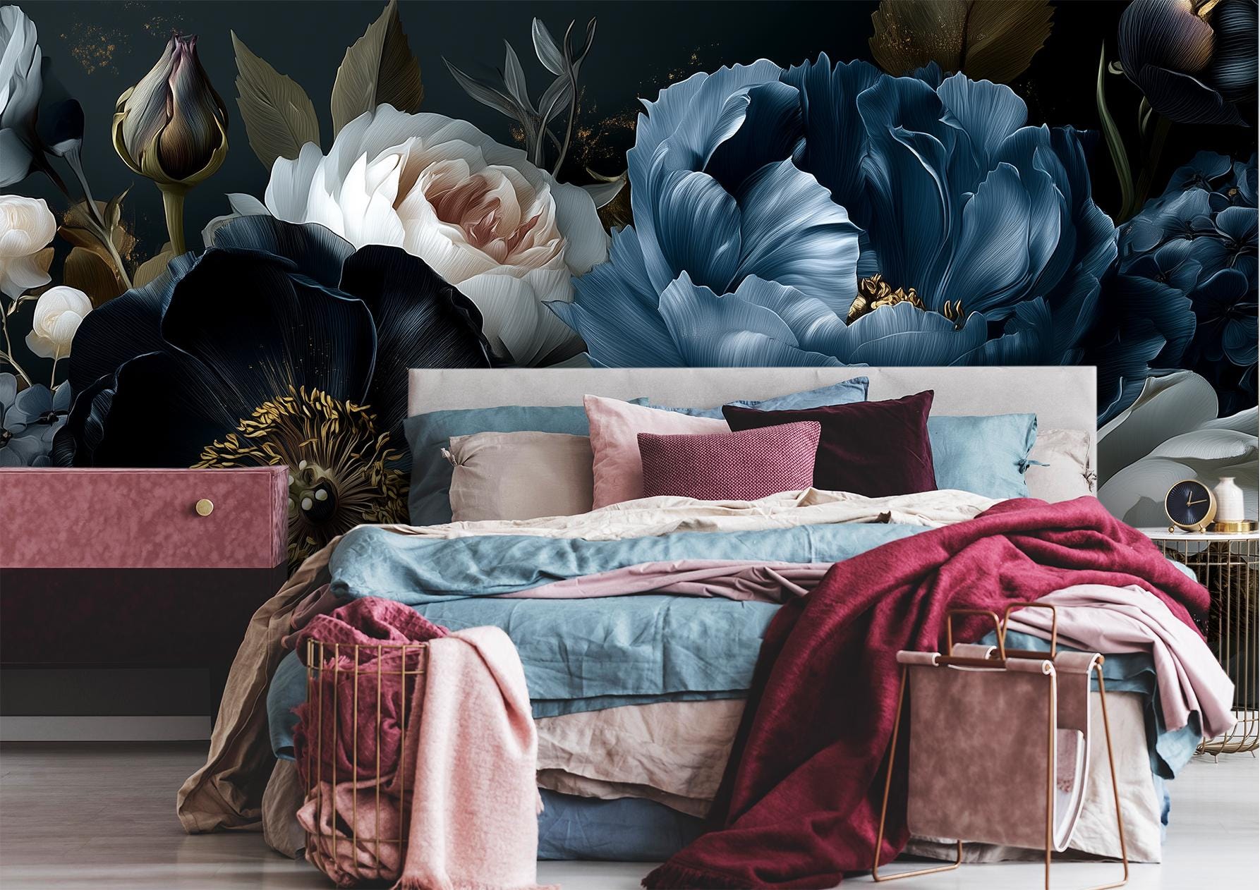 Dark Floral Peony Moody Floral Wallpaper – alternate view, Golden Era Walls
