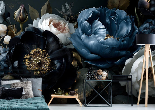 Dark Floral Peony Moody Floral Wallpaper – room setting, Golden Era Walls