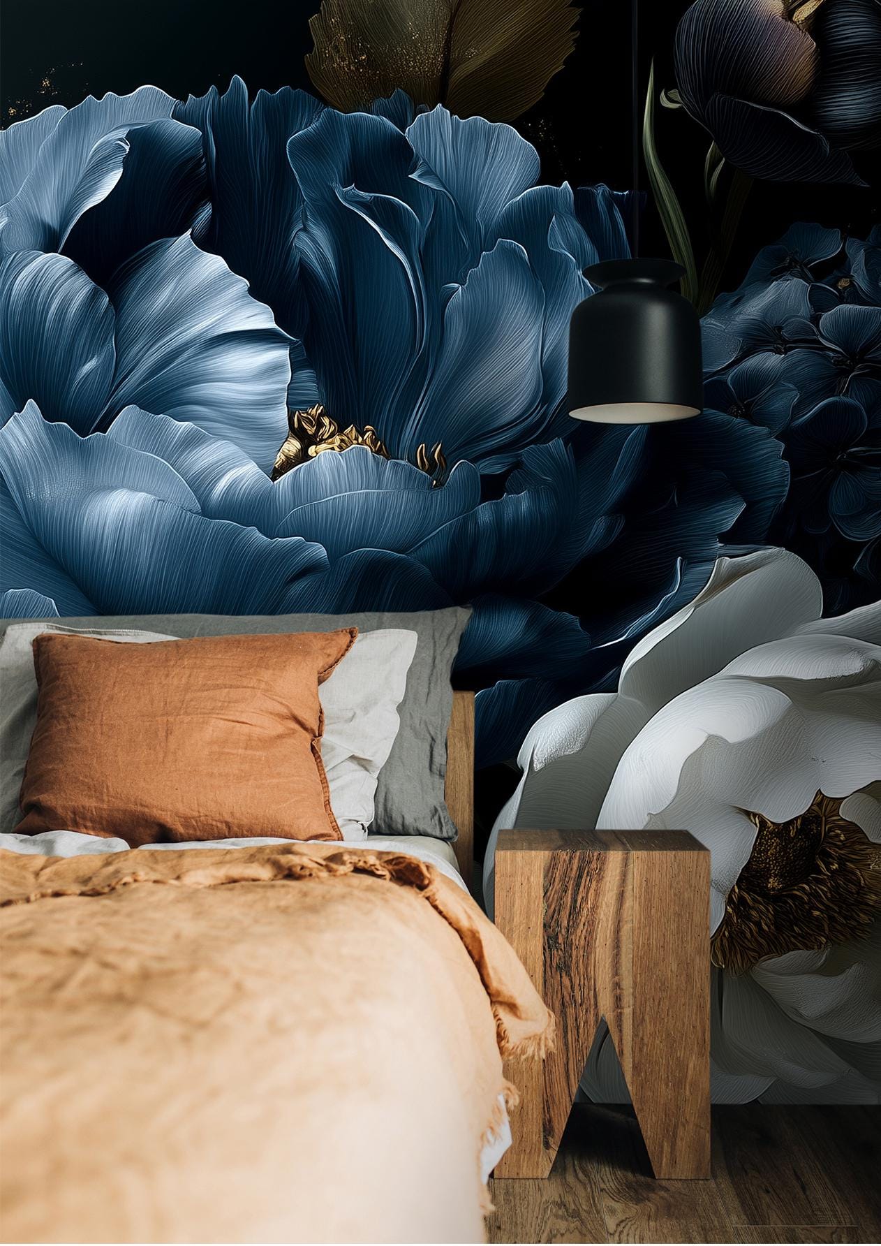 Dark Floral Peony Moody Floral Wallpaper – scale reference, Golden Era Walls