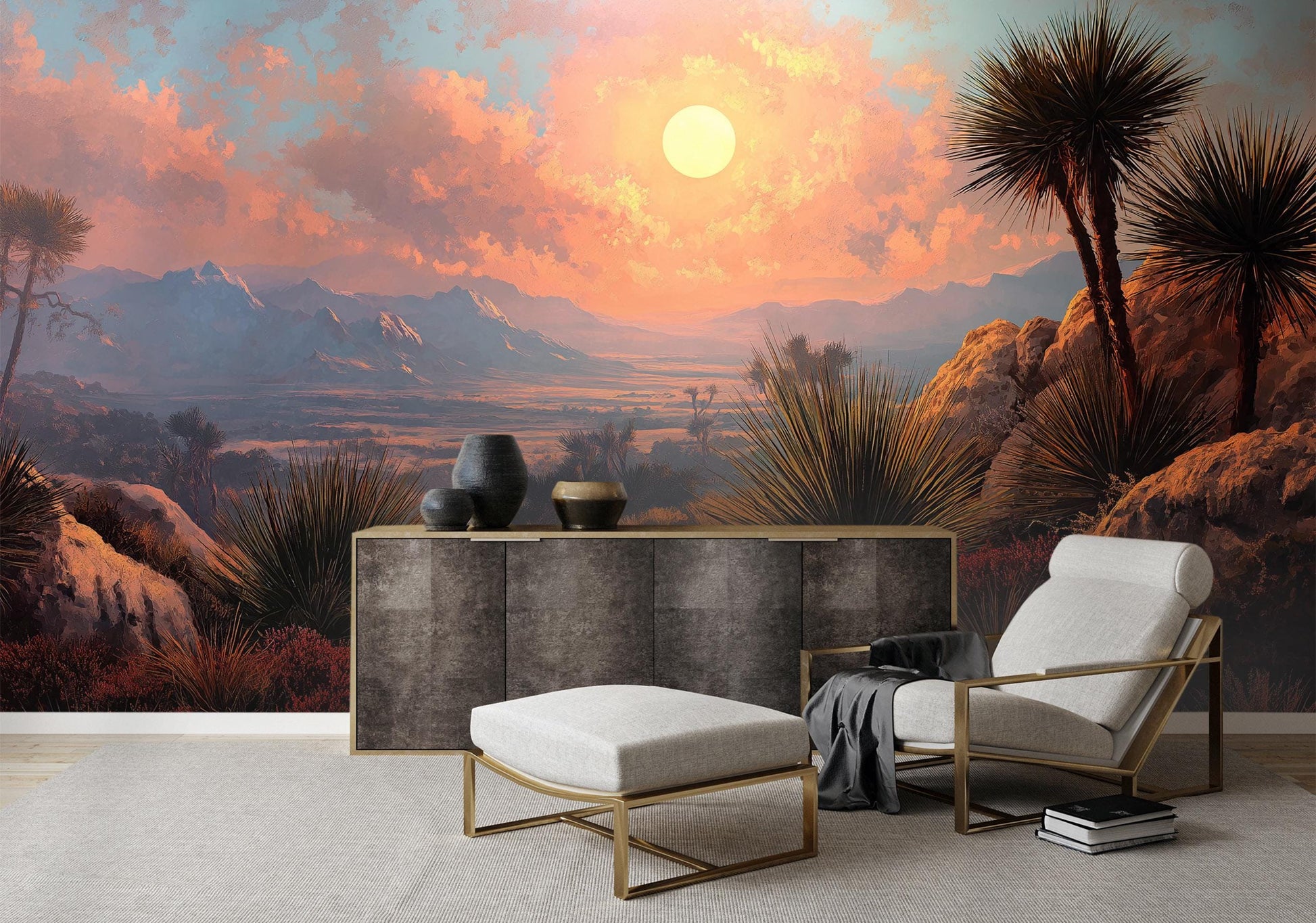 Desert Sunset Landscape Southwestern Wallpaper – scale reference, Golden Era Walls
