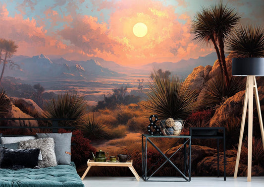 Desert Sunset Landscape Southwestern Wallpaper – room setting, Golden Era Walls