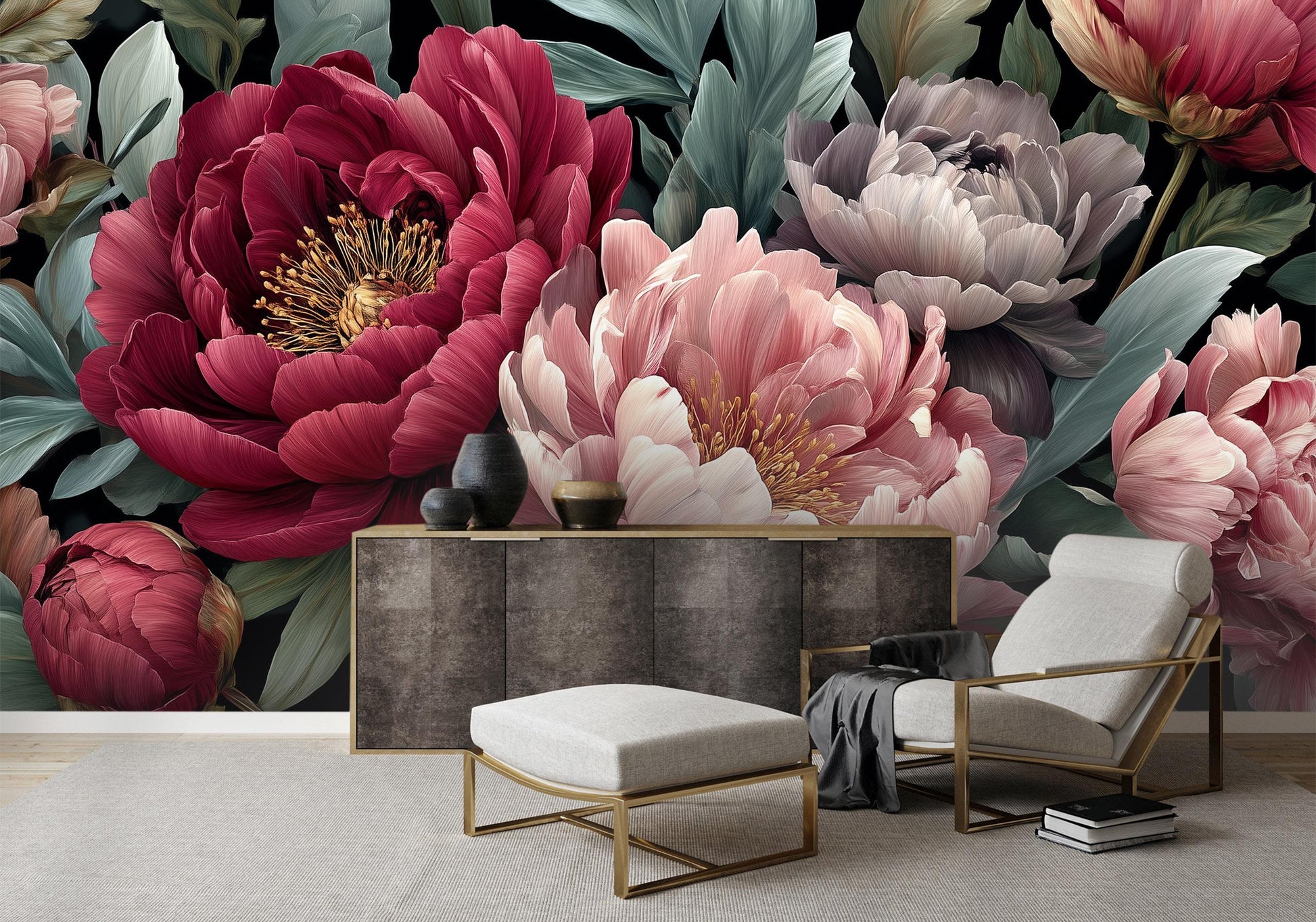 Elegant Dark Floral Oversized Floral Wallpaper – detail view, Golden Era Walls