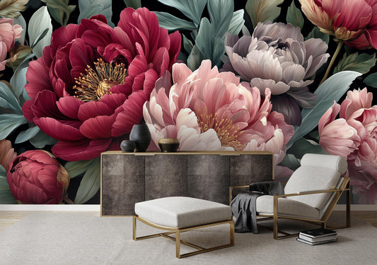 Elegant Dark Floral Oversized Floral Wallpaper – detail view, Golden Era Walls