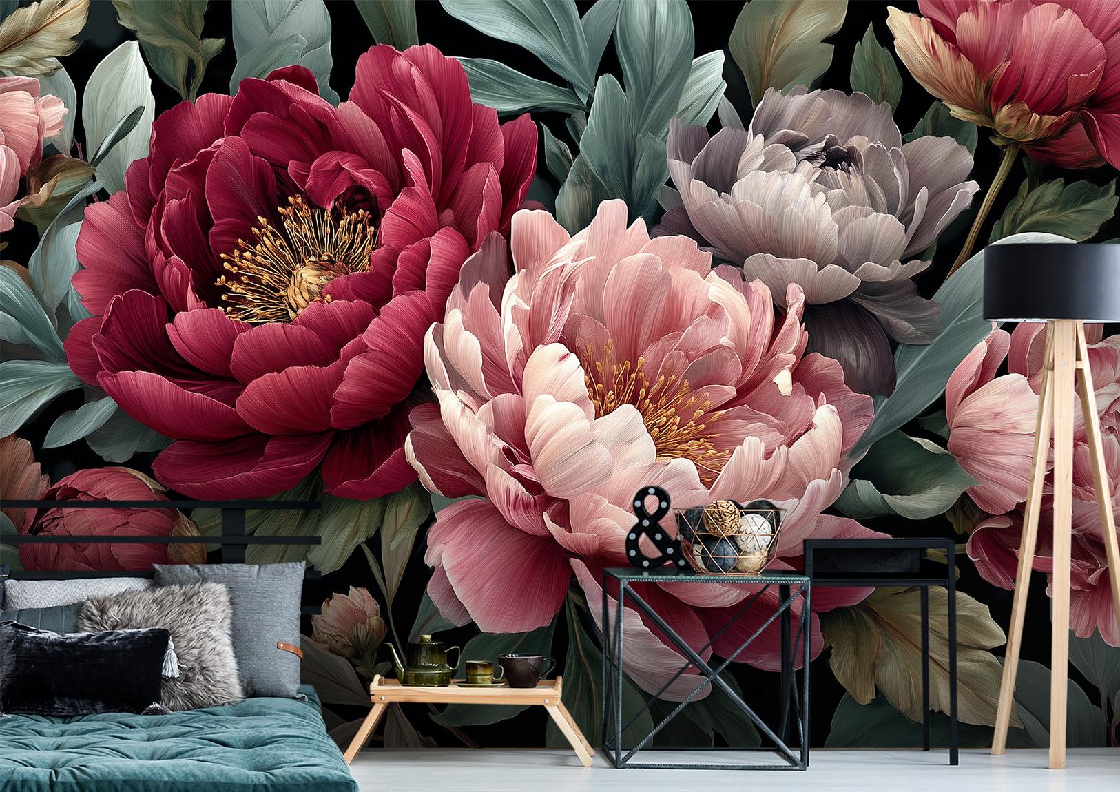 Elegant Dark Floral Oversized Floral Wallpaper – room setting, Golden Era Walls