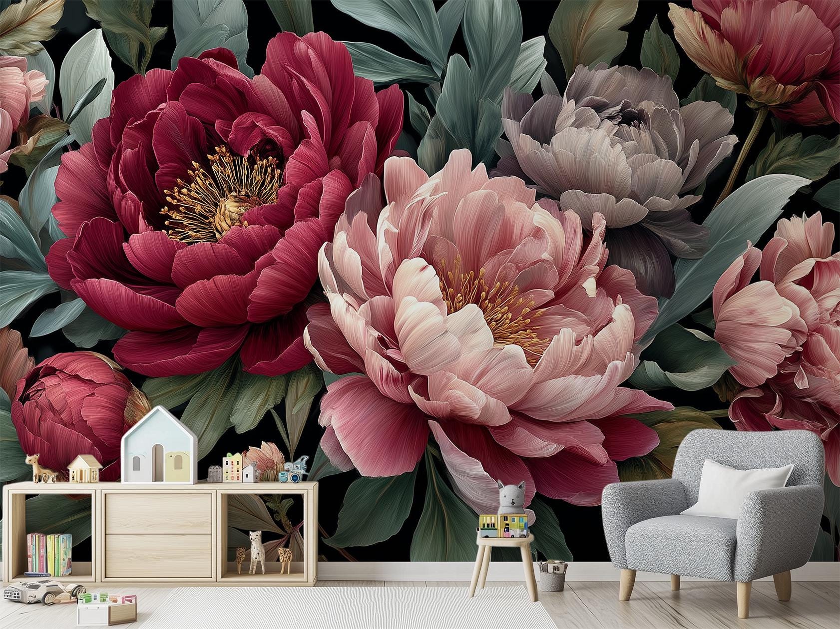 Elegant Dark Floral Oversized Floral Wallpaper – alternate view, Golden Era Walls