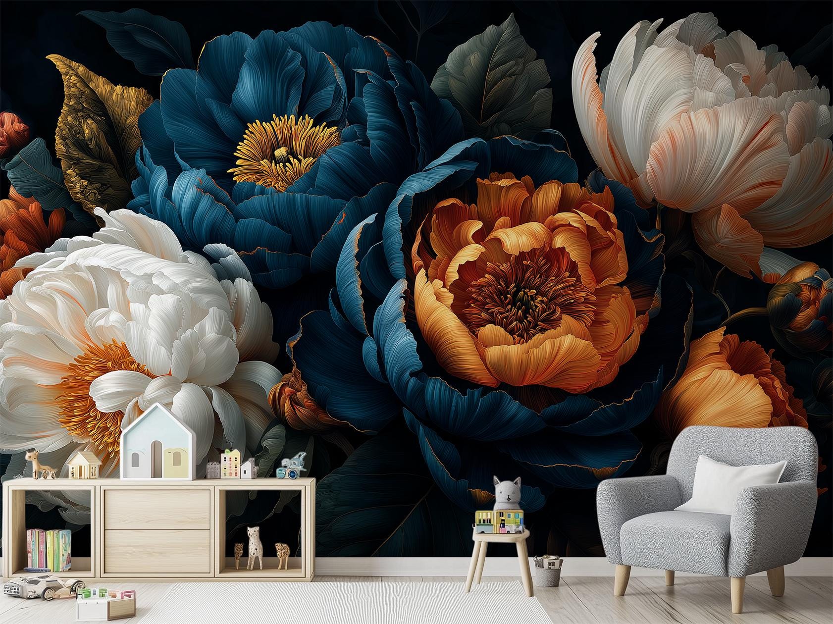 Elegant Night Garden Peony Floral Wallpaper – alternate view, Golden Era Walls