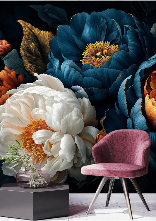 Elegant Night Garden Peony Floral Wallpaper – peel and stick wallpaper mural, Golden Era Walls