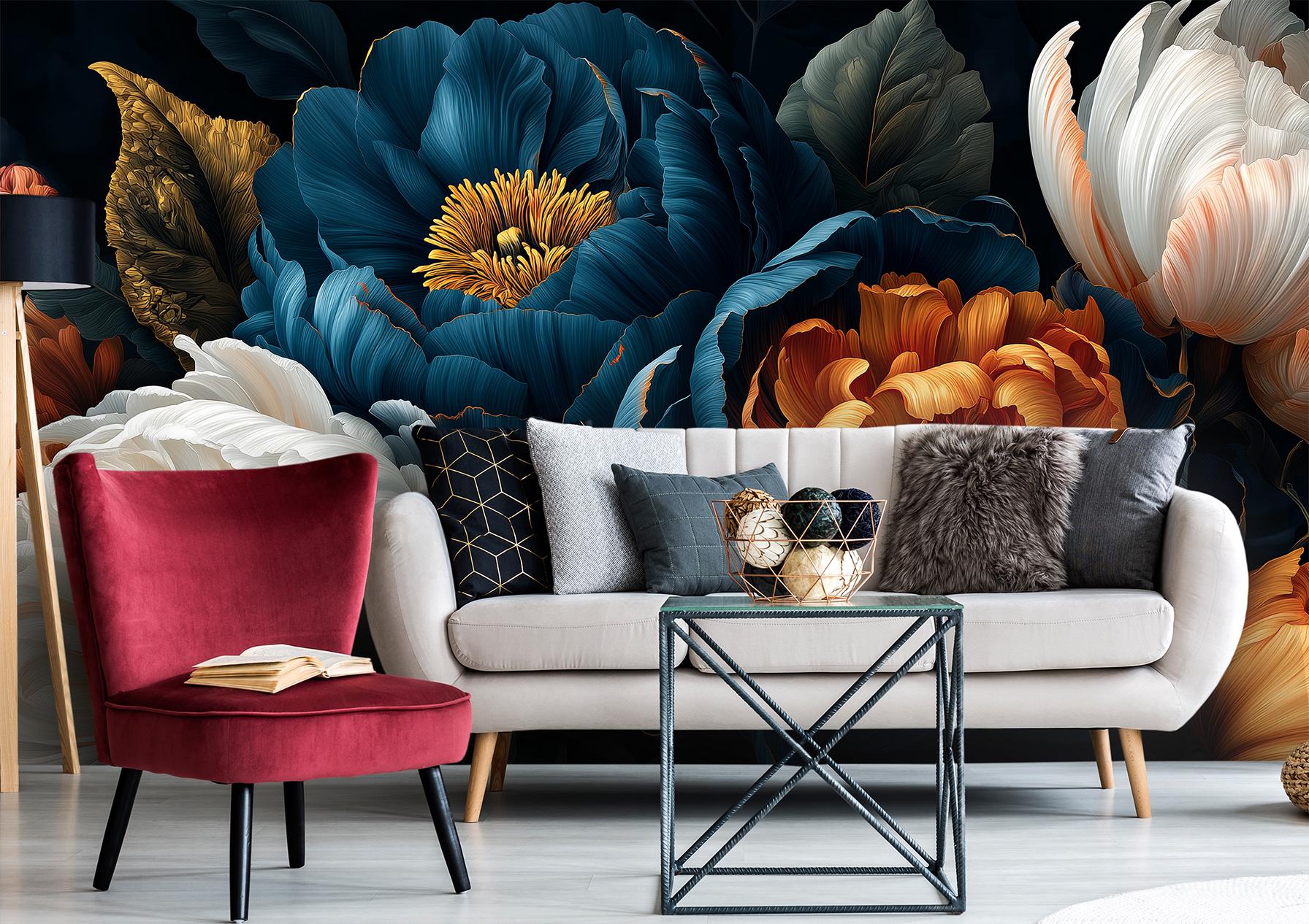 Elegant Night Garden Peony Floral Wallpaper – scale reference, Golden Era Walls
