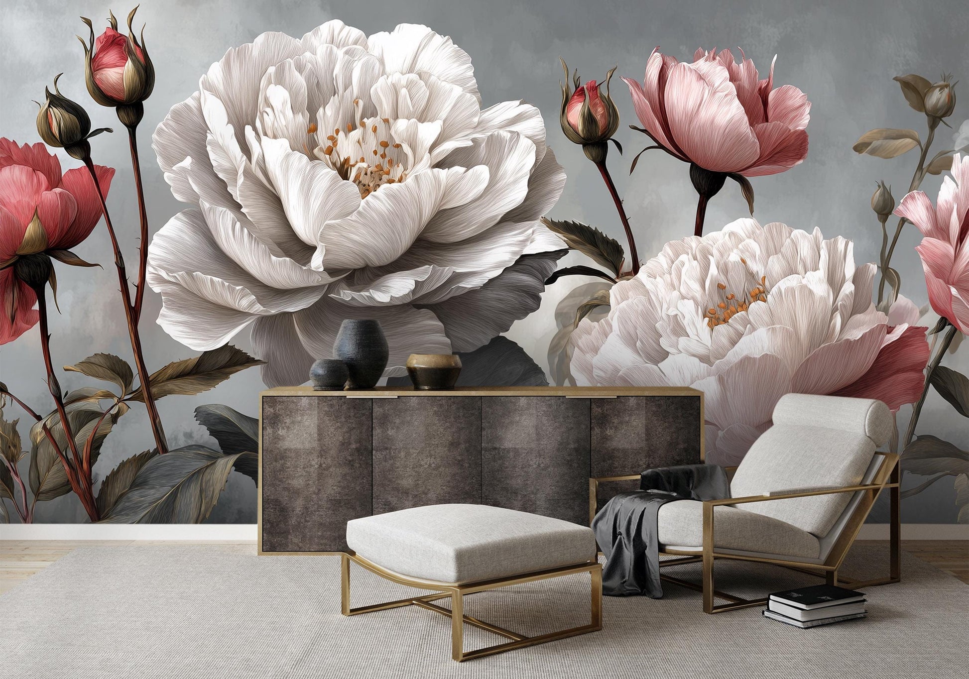 Elegant Dark Floral Oversized Floral Wallpaper – peel and stick wallpaper mural, Golden Era Walls