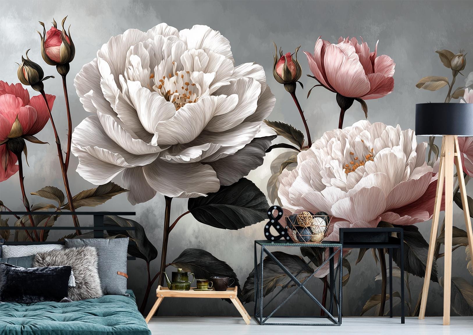 Elegant Dark Floral Oversized Floral Wallpaper – scale reference, Golden Era Walls