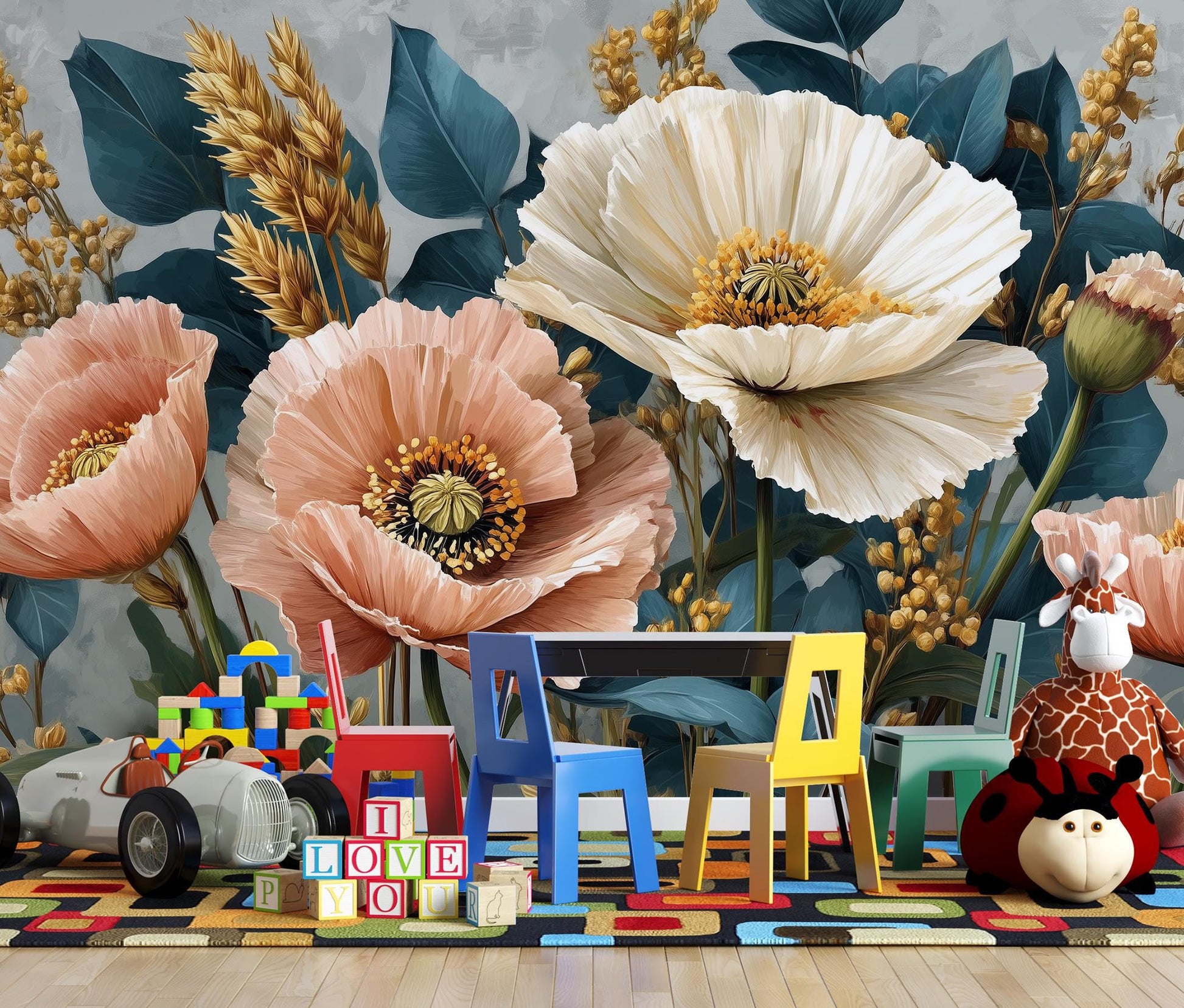 Floral Peach Cream Poppies Floral Wallpaper – scale reference, Golden Era Walls