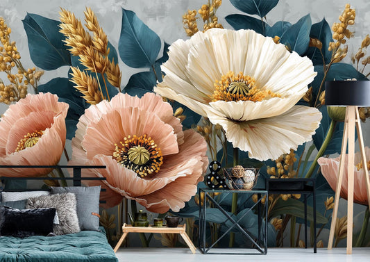 Floral Peach Cream Poppies Floral Wallpaper – lifestyle view, Golden Era Walls