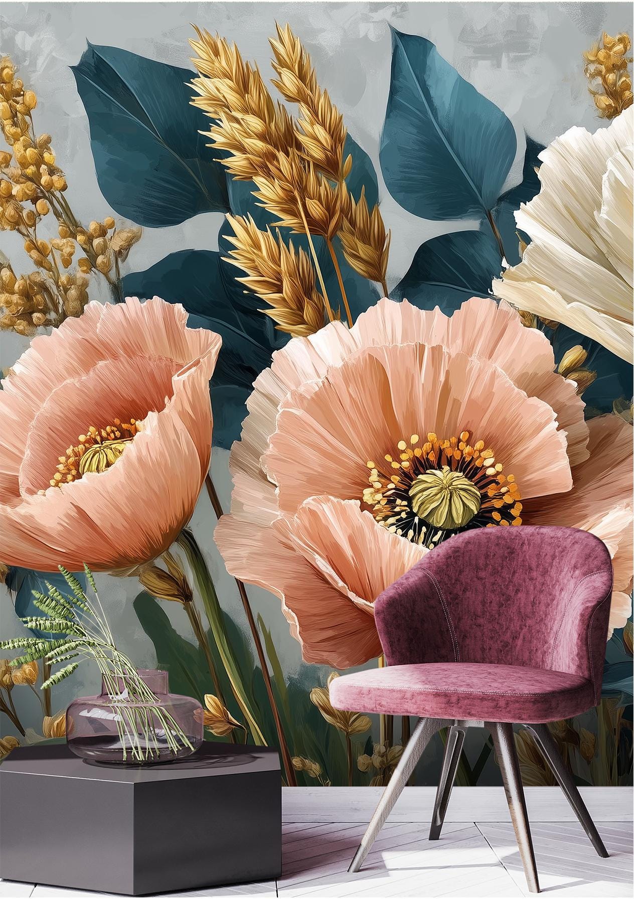 Floral Peach Cream Poppies Floral Wallpaper – room setting, Golden Era Walls